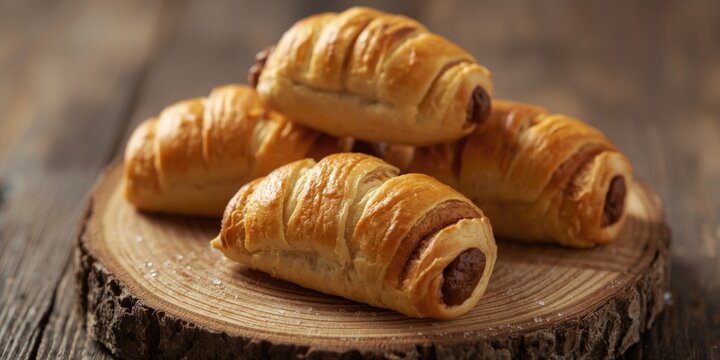 Freshly baked chocolate croissants on a wooden serving platter
