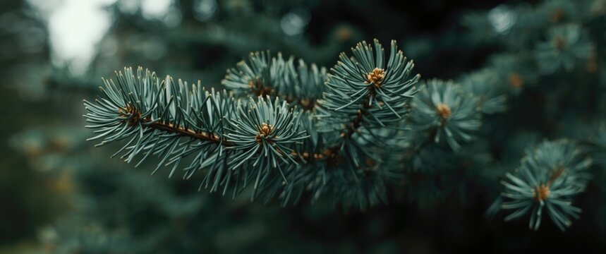 Close-up of evergreen tree branch with needles and buds