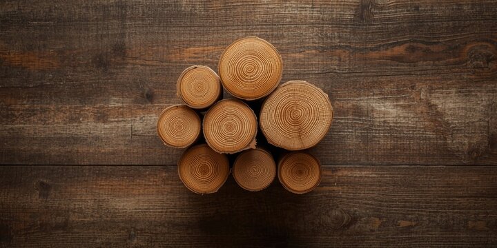 Stack of old timber cut to show concentric growth rings on a wooden work table