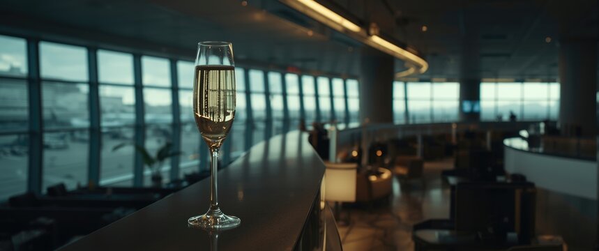 Champagne flute on a countertop in an airport lounge