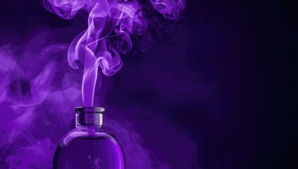 Purple swirling smoke from magic potion in violet bottle with copyspace