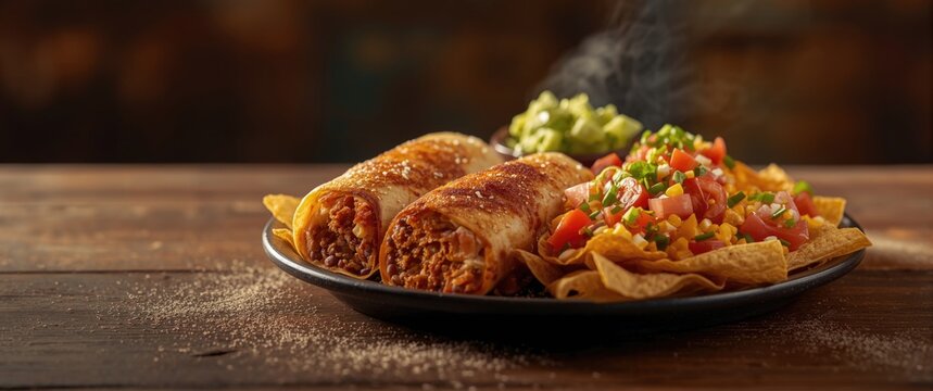 Baked enchiladas with nachos and salsa on a wooden table