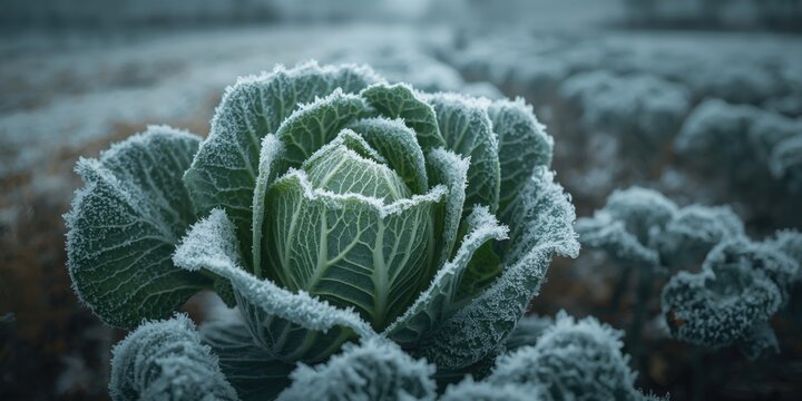 Frost-covered cabbage in a winter field
