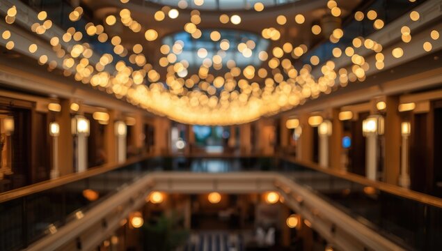 Soft glowing bokeh lights in an upscale hotel atrium ideal for background visuals