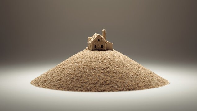 Miniature dwelling placed atop a heap of coarse sand in bright studio light