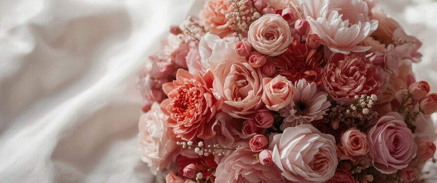 Macro shot of a blooming floral bouquet set before a smooth white backdrop