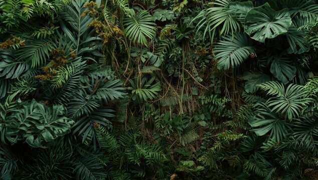 Tropical plant collage highlighting layered leaves and mossy growth for natural summer forest theme