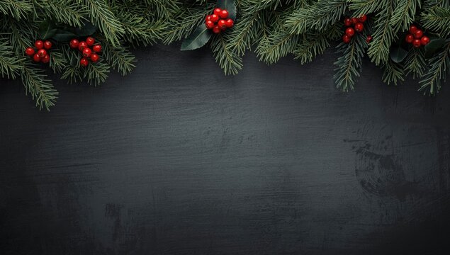 Evergreen branches with red berries on a dark background