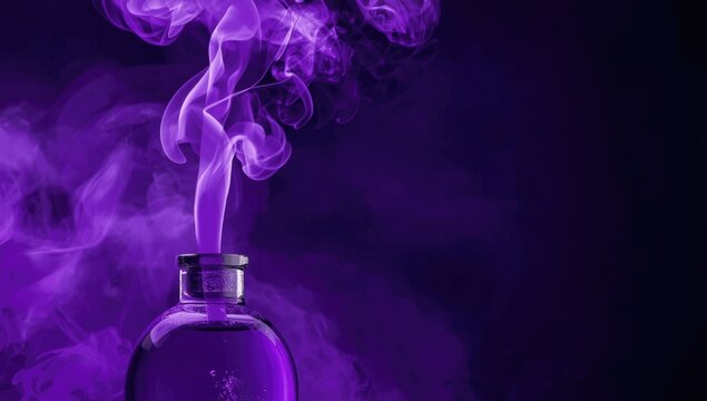 Purple swirling smoke from magic potion in violet bottle with copyspace