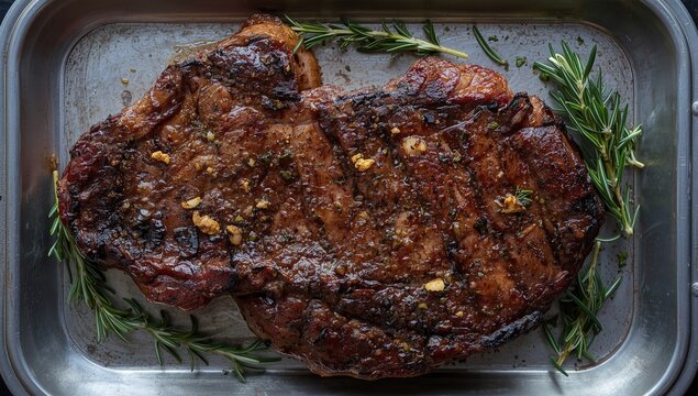 Grilled steak seasoned with garlic and herbs on a platter