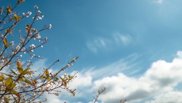 Vibrant outdoor composition showing twigs adorned with white flowers beneath a clear blue sky and floating clouds