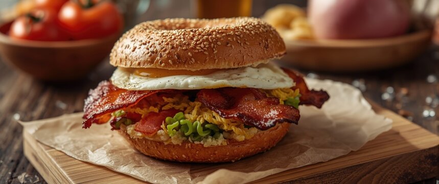Breakfast sandwich with bacon, egg, and lettuce on a wooden board