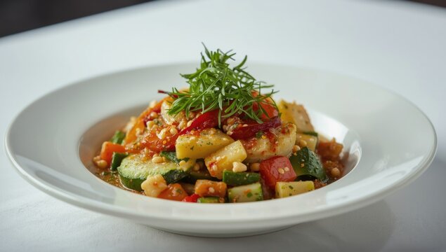 Grilled fish with vegetables and herbs in a white bowl
