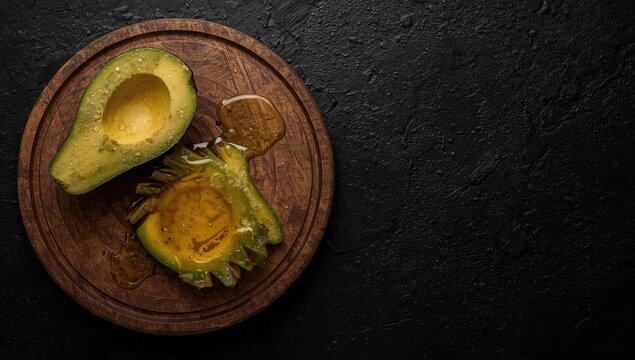 Overhead image of sliced avocado and olive oil on rustic board with black background copy space promoting healthy nutrition