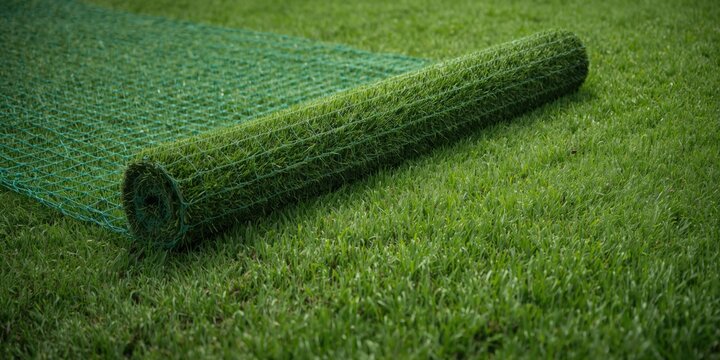 Roll of artificial grass on green lawn