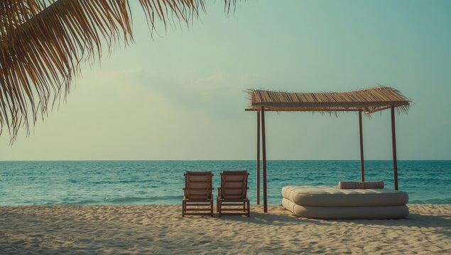 Beach lounge chairs and cabana by the ocean