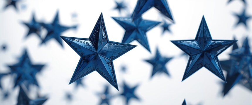 Three dimensional blue metal star shapes viewed from diverse angles on white background