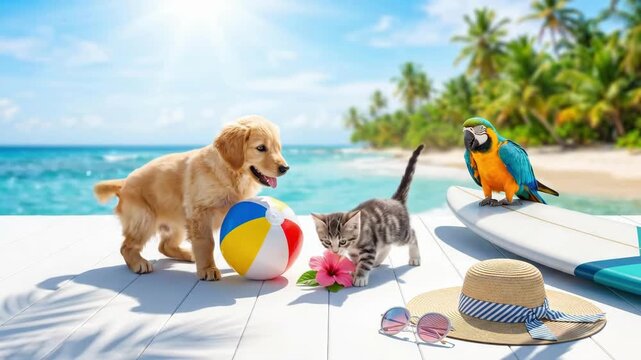 Golden retriever puppy and kitten playing with beach ball beside macaw parrot on surfboard. Pet fun and beach adventure concept for relaxation and wildlife illustration