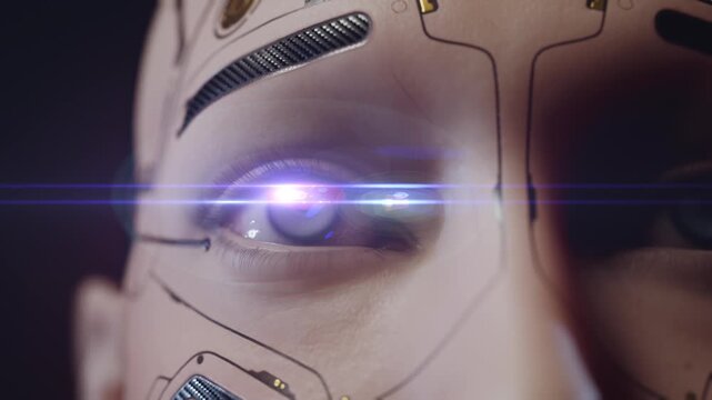 Futuristic android face with glowing eye
