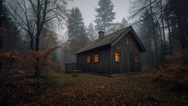 Cozy wooden cabin in a foggy autumn forest