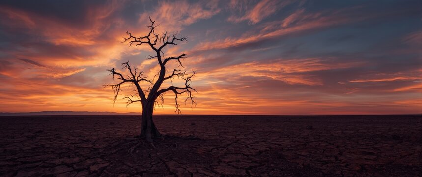 Barren landscape with a dead tree at sunset