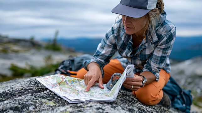 Experienced female hiker kneeling on granite summit plateau orienting paper topographic map with baseplate compass, overcast sky diffusing light across alpine terrain, trail junction decision moment