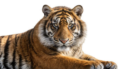 Obraz premium Isolated majestic tiger resting, wild predator looking directly at the viewer, powerful big cat