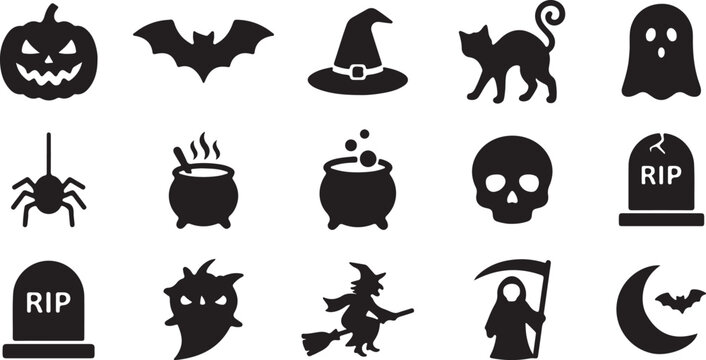 Halloween silhouette icon set isolated on white background