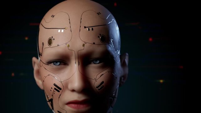 Futuristic android face in digital darkness