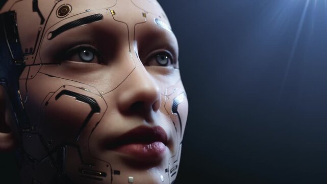 Futuristic android face looking toward light