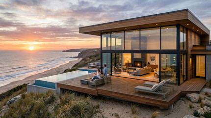Fototapeta premium Modern Beachfront Villa at Sunset: A stunning contemporary villa with expansive glass walls overlooks a serene ocean sunset, featuring an infinity pool and a spacious deck where people relax.