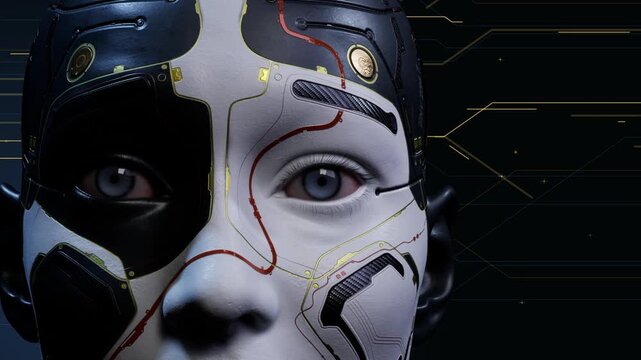 Close-up android face with digital circuits