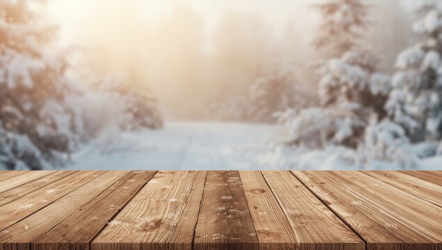Winter season background with natural wooden table and reserved copy space area