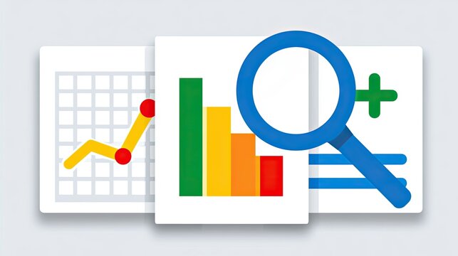 Colorful charts and graphs displayed with a magnifying glass