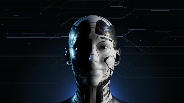 Half shadow android on digital background
