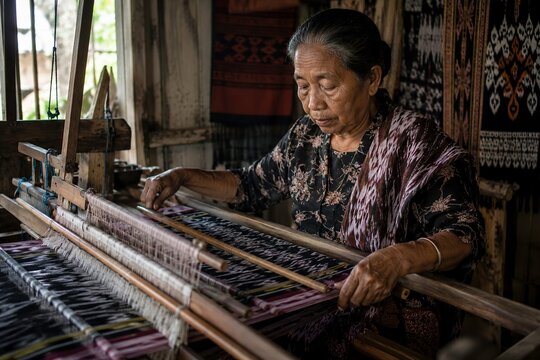 Elderly Woman Weaving Traditional Ikat Textile on Wooden Loom, Indonesian Heritage Craft