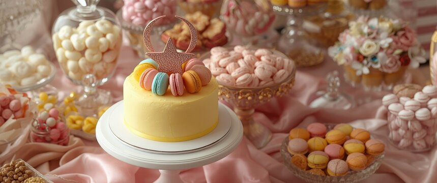 Star decorated yellow birthday cake with macarons presented on a vibrant candy buffet