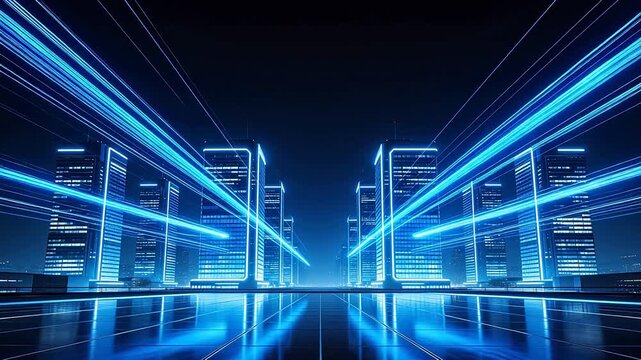 Futuristic cityscape with glowing buildings