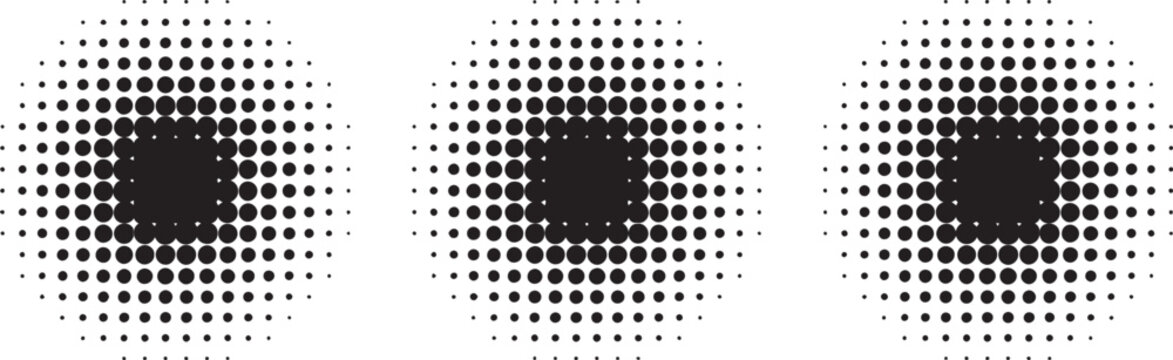 Circle color halftone vector set featuring black halftone dot backgrounds, random color dot lattice and round small shapes for retro comic, pop art and vintage print design concepts.