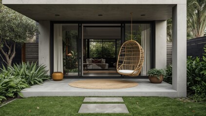 Fototapeta premium Modern outdoor living space with hanging chair and greenery