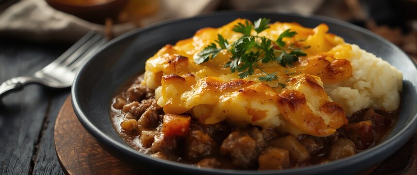 Cheesy shepherd's pie with mashed potatoes on wooden table