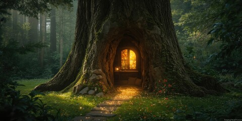 Fototapeta premium Storybook fairy dwelling within pine tree hollow featuring a shining window and sparkling butterfly path