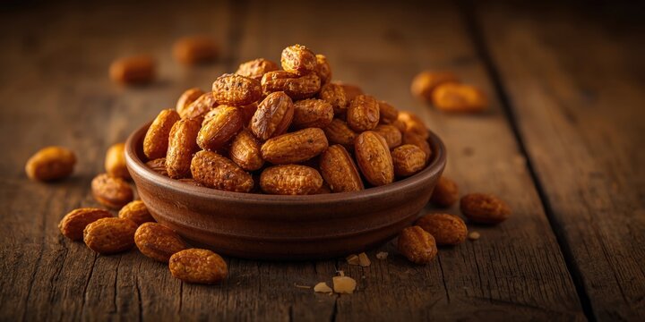 Ready to eat bulk roasted corn nuts displayed with sauce on ceramic dish atop wooden surface wholesome snack