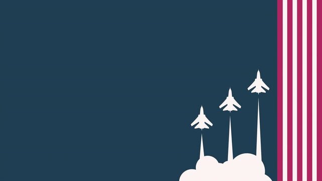 4K video of Three fighter jets flying upward in formation against a dark blue background with vertical stripes USA Color for Air Force Say Graphic