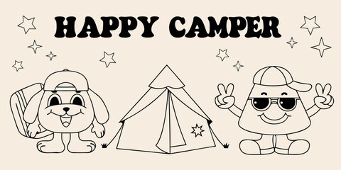 Camping illustration with cartoon bunny and tent black line drawing © Rahul