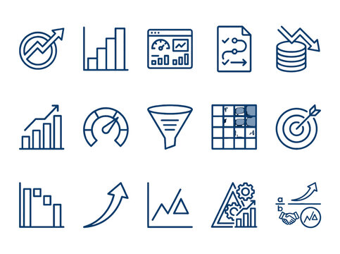 Enterprise digital transformation measurement and value realization symbols in monoline style for transformation consulting pitch decks, value management platforms, business case dashboards, and trans
