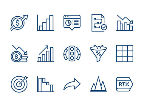 Enterprise digital transformation measurement and value realization symbols in monoline style for transformation consulting pitch decks, value management platforms, business case dashboards, and trans
