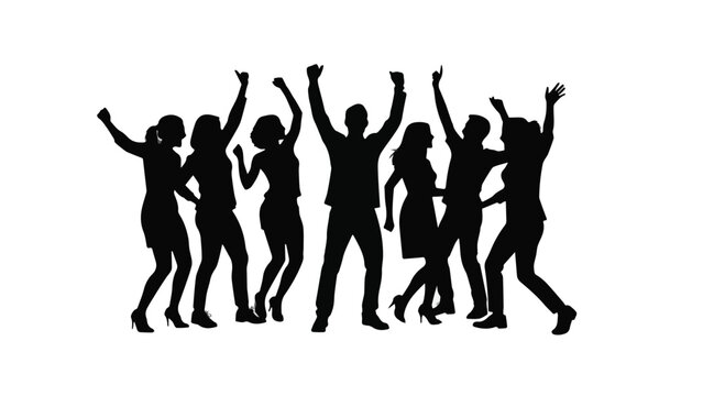 Group of diverse young adults dancing silhouette black and white energetic movement celebration party