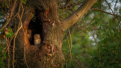 Natural English countryside habitat with tawny owls using a tree hollow for nesting © AkuAku