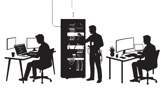 Silhouetted IT Professionals Working on Computers and Server in Office For Technology Concepts